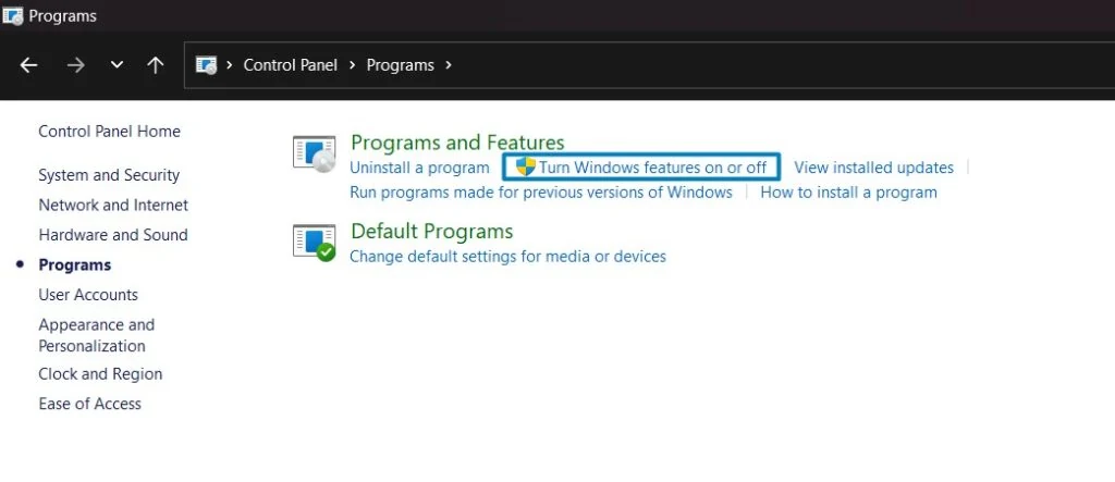 Turn Windows Features on or off Turn Windows Features on or off