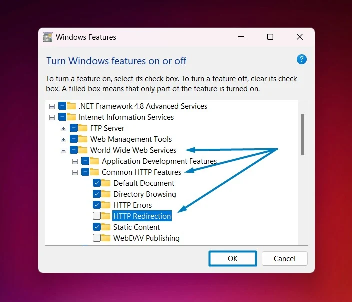 Enable HTTP Redirection in IIS