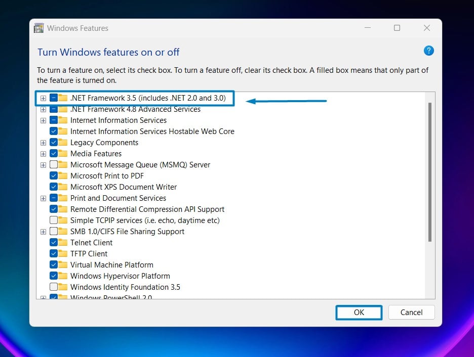 Enable .NET Framework 3.5 in Windows 11