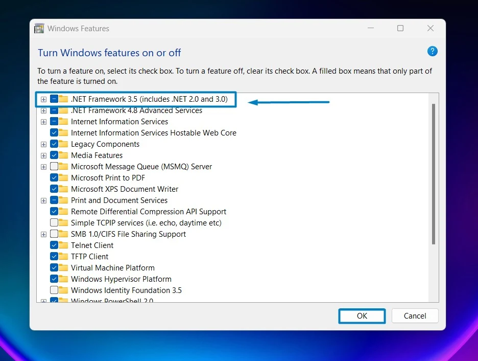 Enable .NET Framework 3.5 in Windows 11