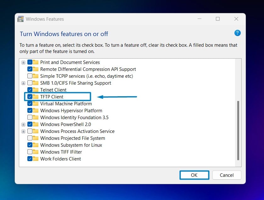 Enable TFTP Client in Windows 11