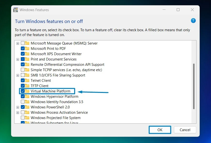 Enable Virtual Machine Platform in Windows 11