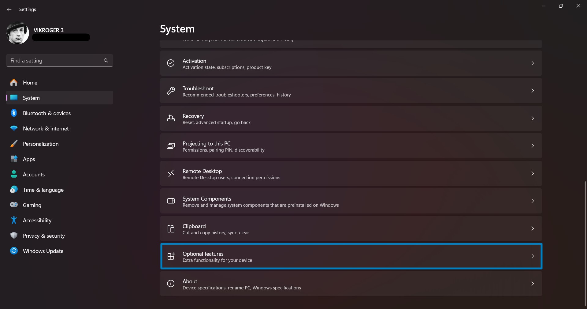 Optional Features in Windows Settings