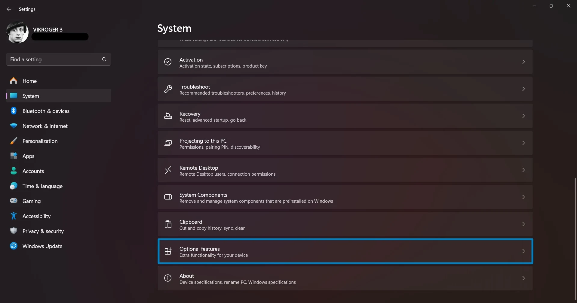 Optional Features in Windows Settings