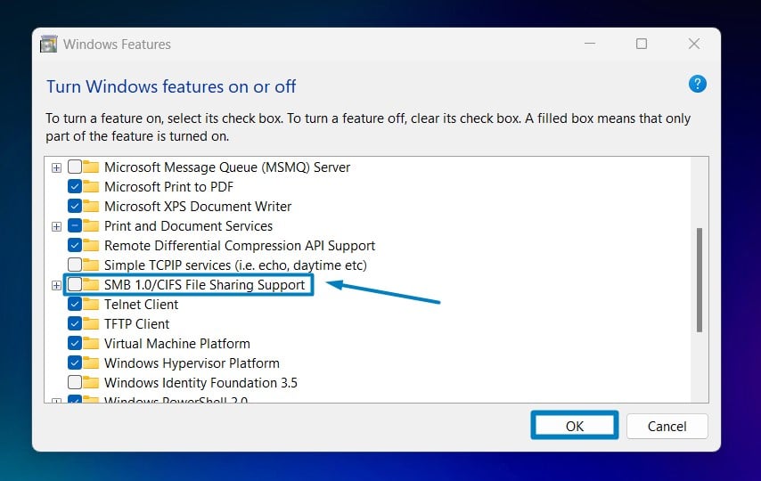 Disable SMB 1.0-CIFS File Sharing Support in Windows 11