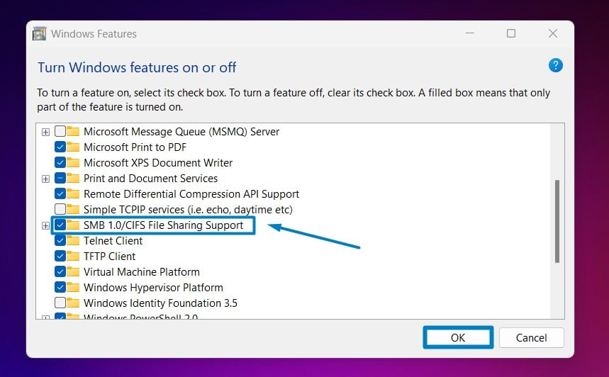 Enable SMB 1.0/CIFS File Sharing Support in Windows 11
