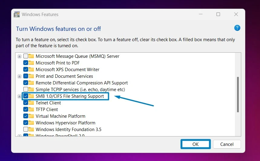 Enable SMB 1.0/CIFS File Sharing Support in Windows 11