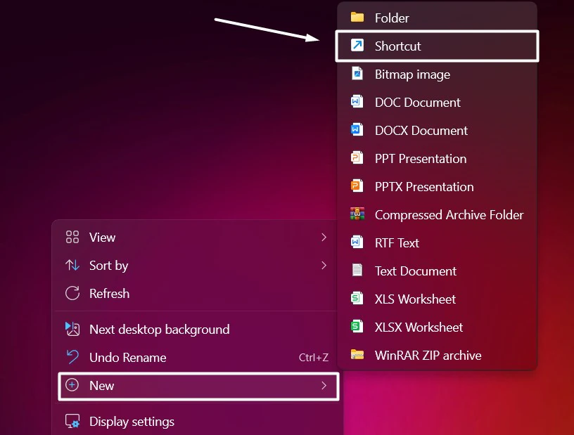 Create New Shortcut