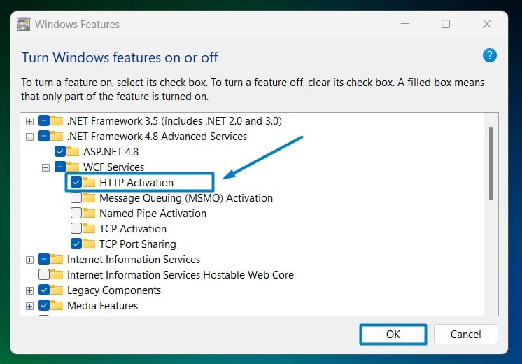 Enable HTTP Activation in Windows 11