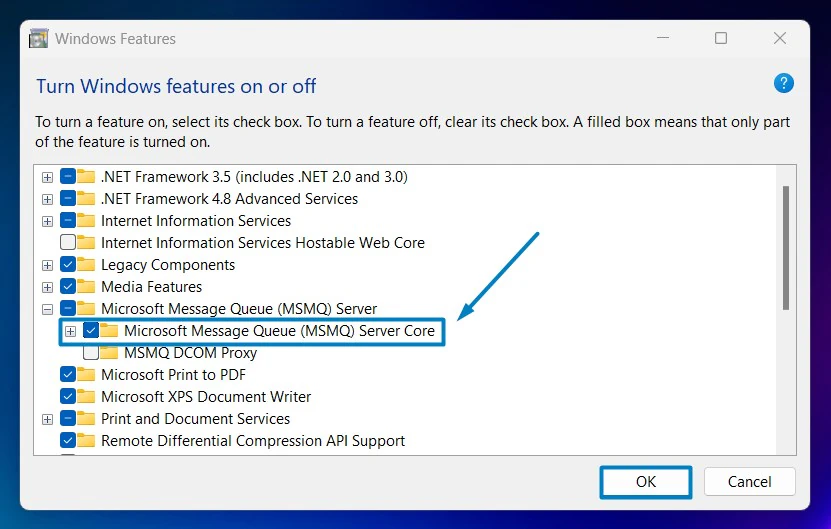 Enable MSMQ Server Core in Windows 11