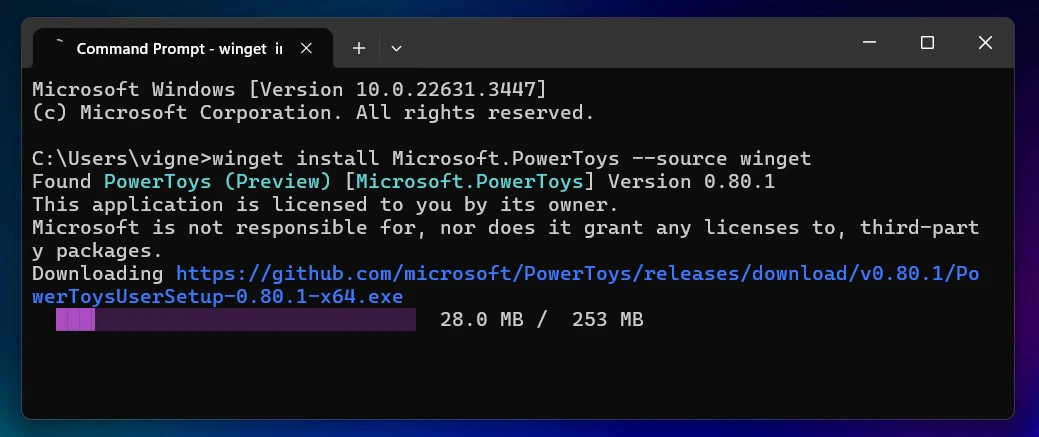 Command Prompt downloading Microsoft PowerToys with Windows Package Manager
