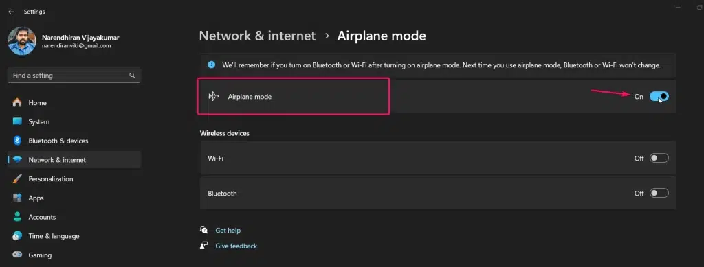 Enabling Airplane mode using Settings App