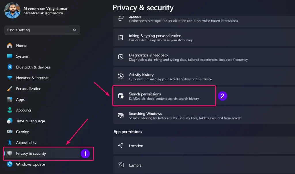 Privacy & Security > Search permissions