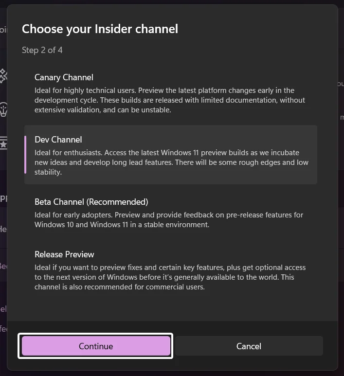Choose your Insider Channel