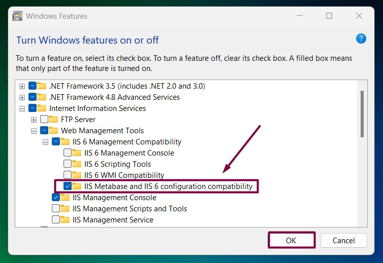 Enable IIS 6 Metabase and IIS Configuration Compatibility in Windows 11