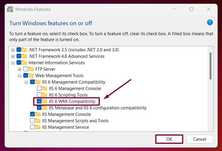 Enable IIS 6 WMI Compatibility in Windows 11