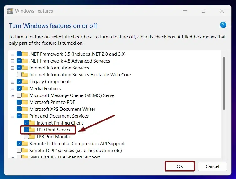 Enable LPD Print Service in Windows 11