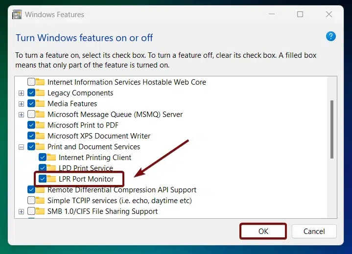 Enable LPR Port Monitor in Windows 11