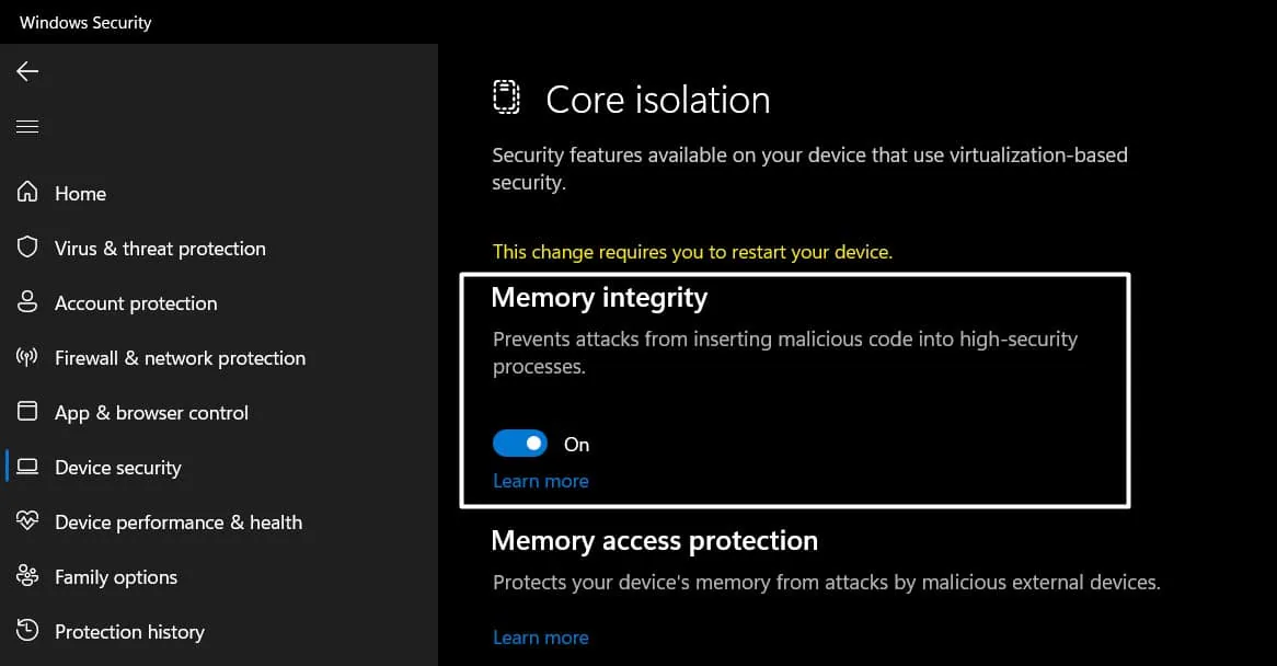 Core Isolation Details Enable Memory Integrity