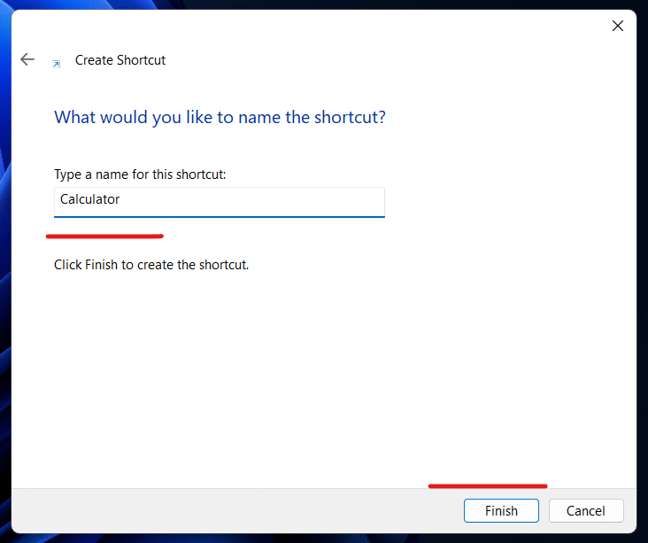 Naming shortcut and click Finish button