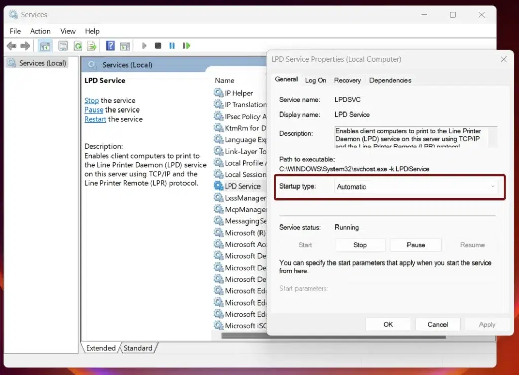 Set up LPD Service Startup to Automatic