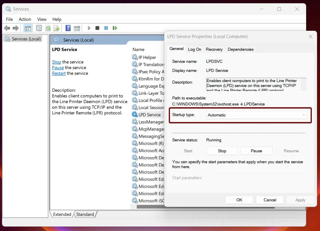 Set up LPD Service Startup to Automatic