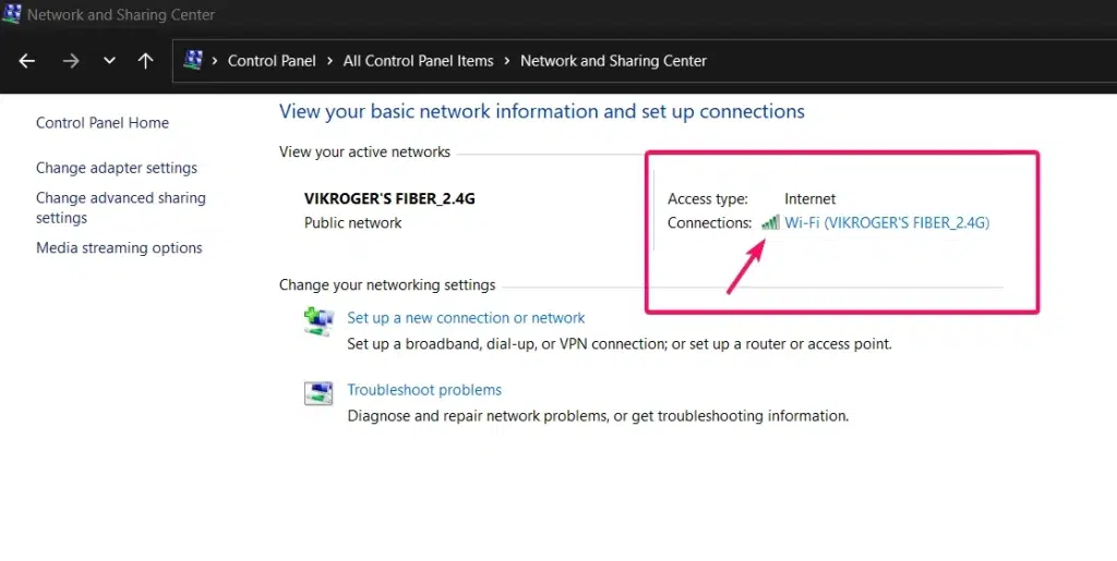 WiFi signal checking via Control Panel