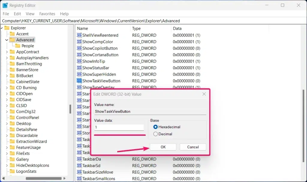 Modify the DWORD 32-bit Value to 1