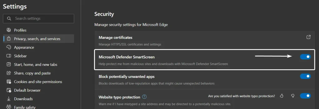 Enable Microsoft Defender SmartScreen in Edge Browser