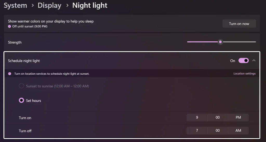 Schedule Night Light in Windows 11