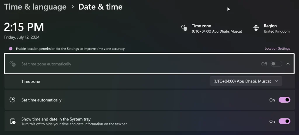 Set Time Zone Automatically Greyed out in Windows 11