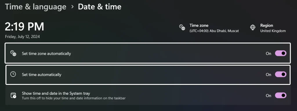 Set time zone automatically enabled in windows 11