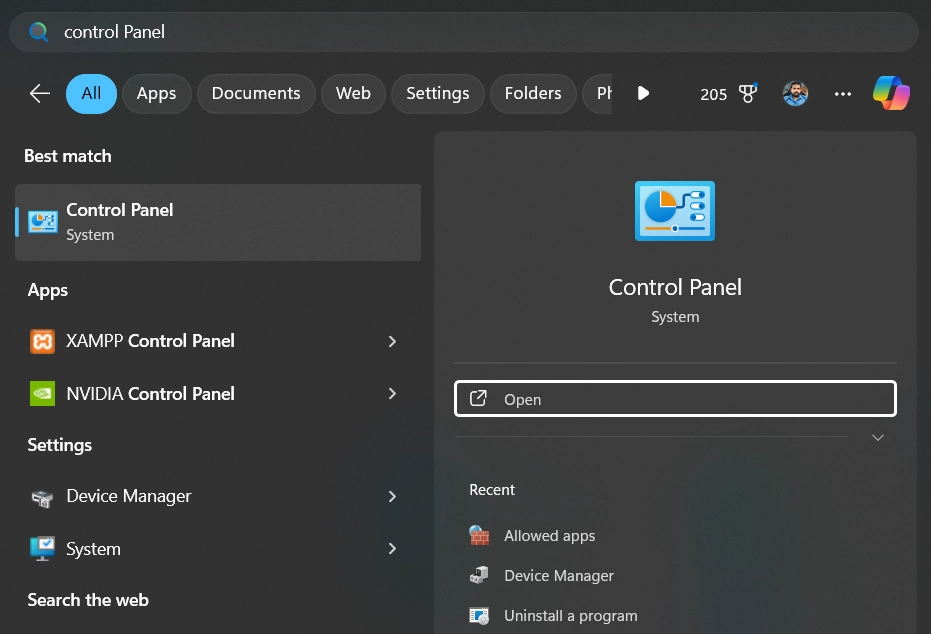 Opening control panel from start menu