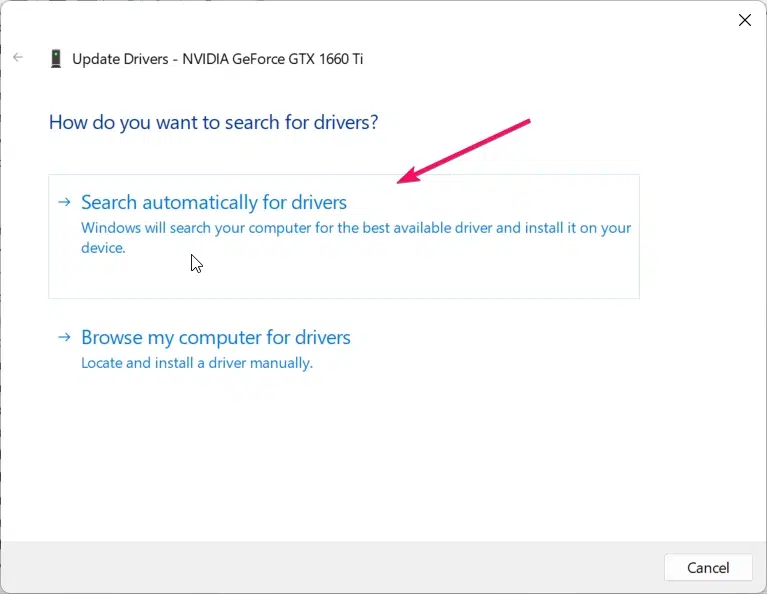 Search Automatically for Drivers options