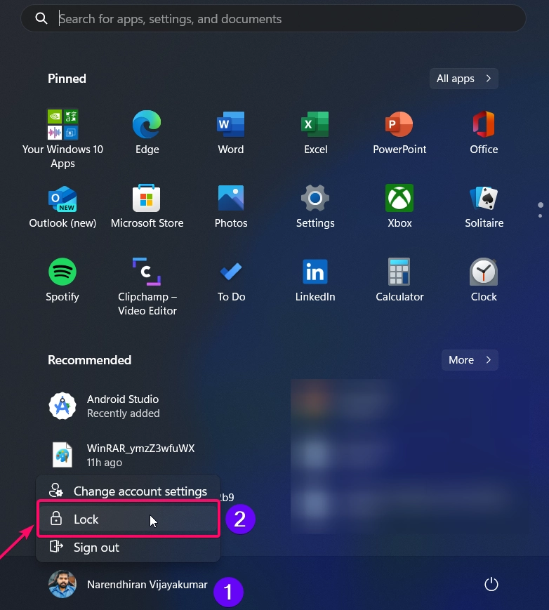 Lock your Screen using Start Menu