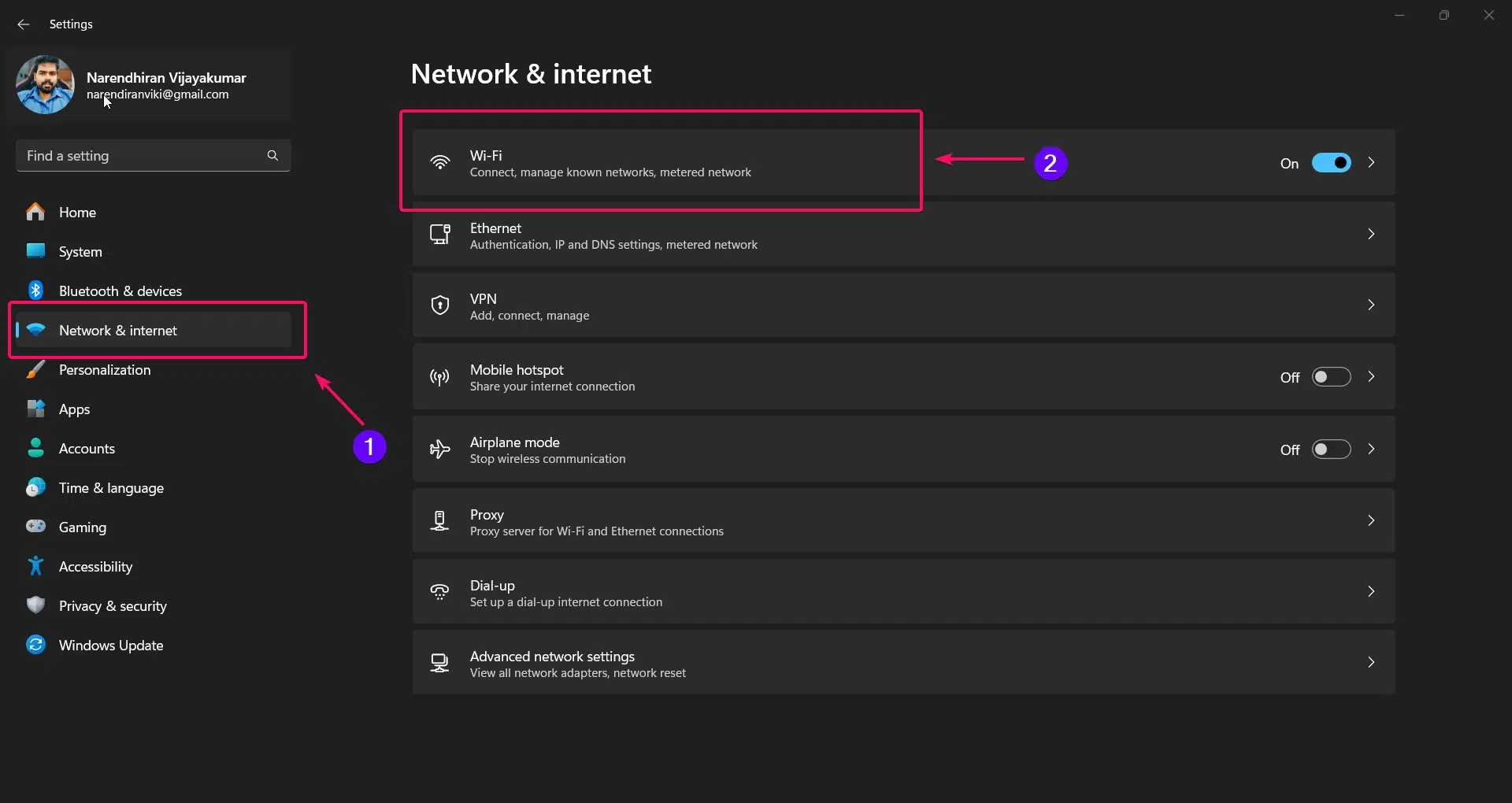 Choose WiFi from Network & Internet