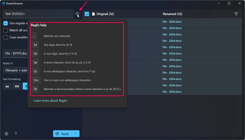 PowerRename Regex Help icon