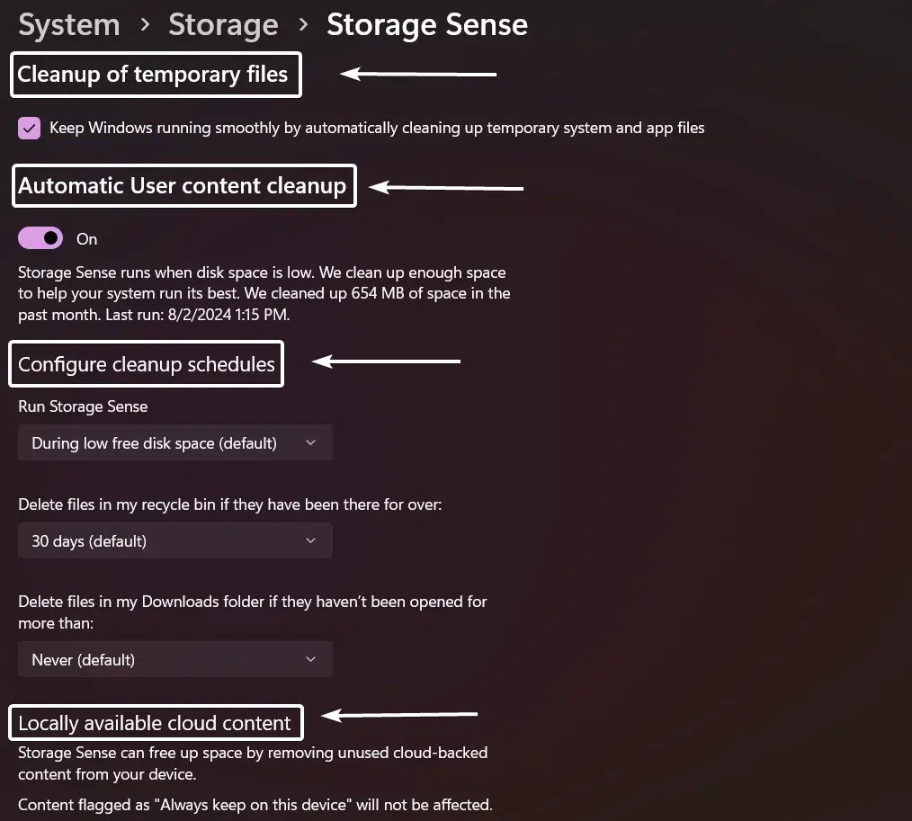 Storage Sense Features