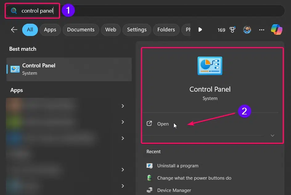 Opening Control Panel from Start Menu