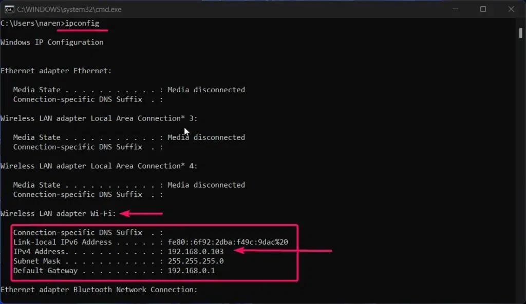 Finding IP Address using ipconfig command