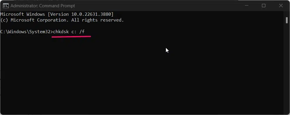 Running chkdsk c: /f command