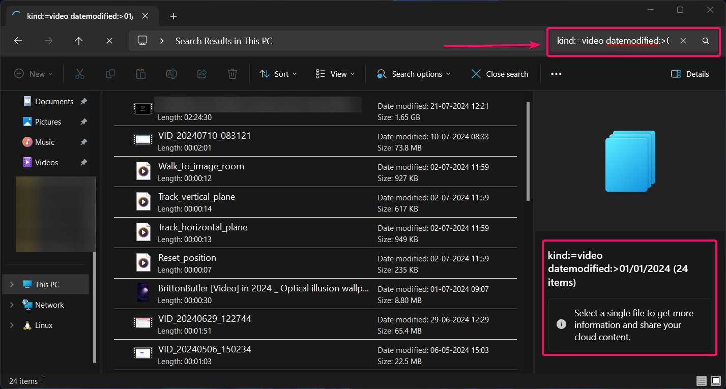 "kind:=video datemodified:>01/01/2024" Search Command