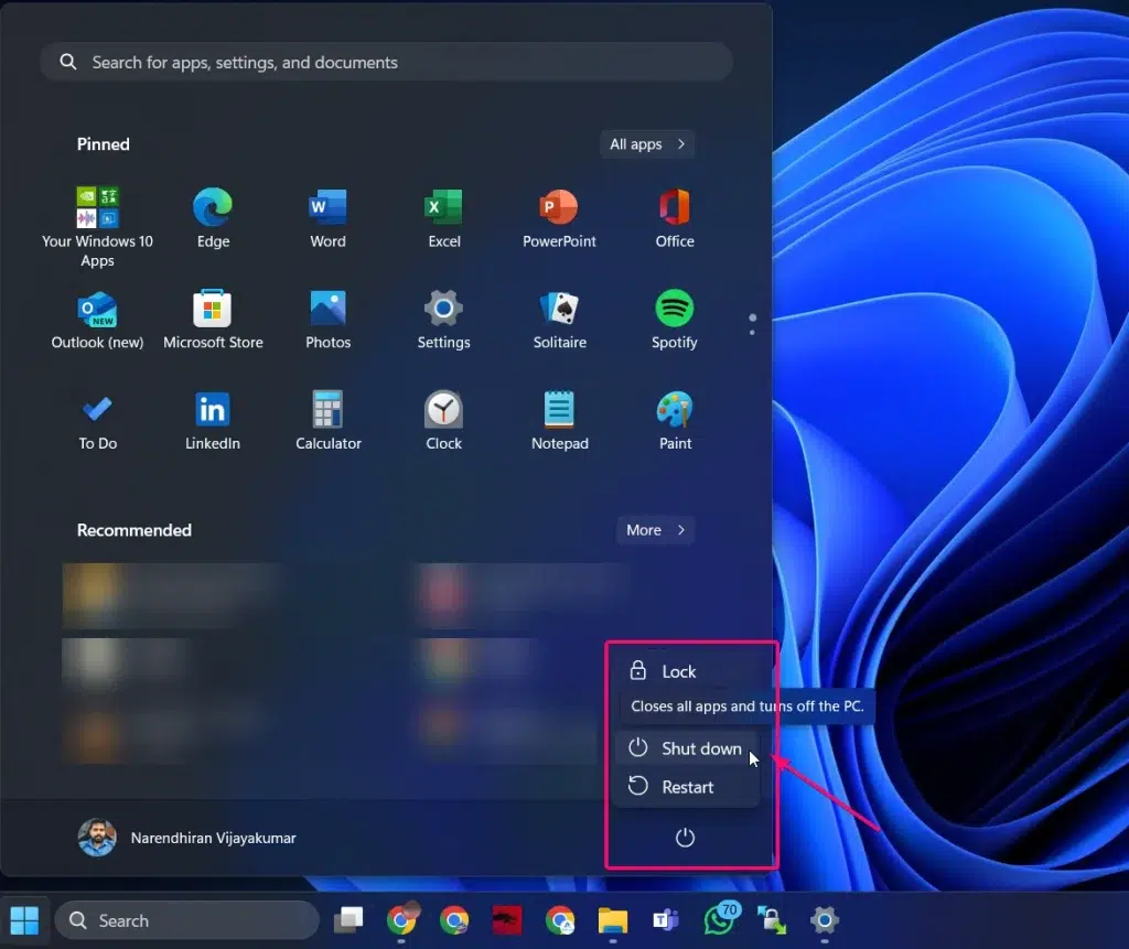 Shutdown PC from Start Menu