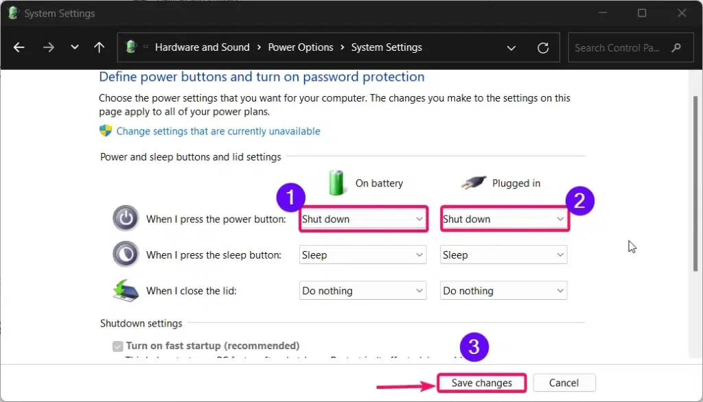 Set Power Button option to shutdown