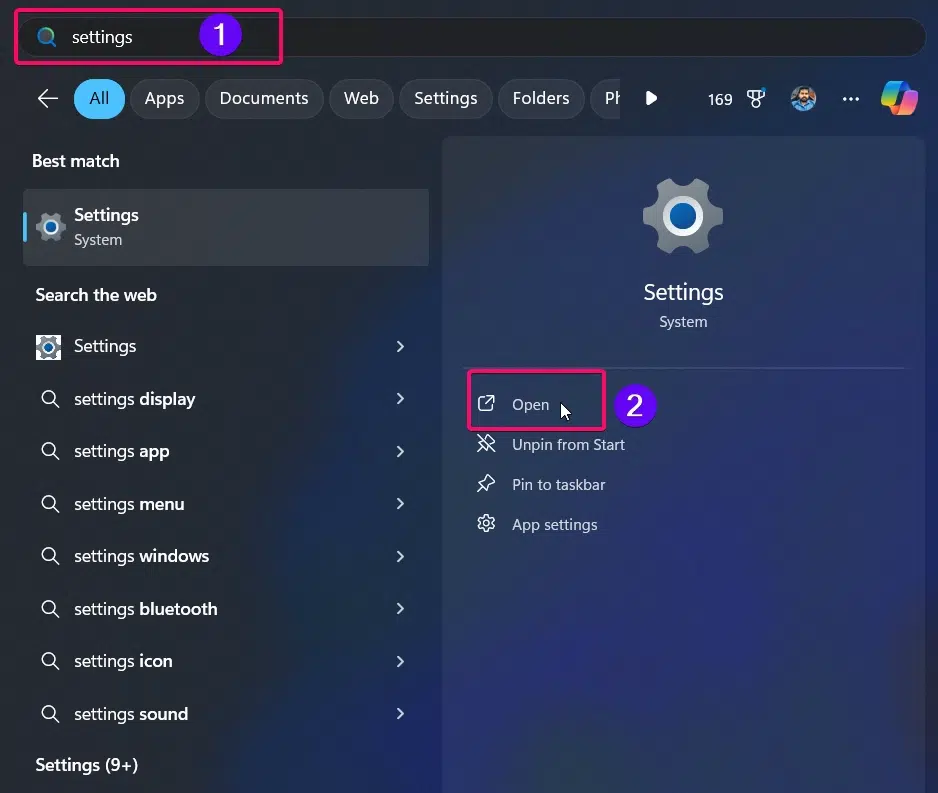 Settings app from Start Menu