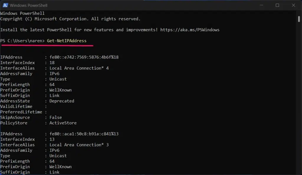 Entering Get-NetIPAddress Command in PowerShell