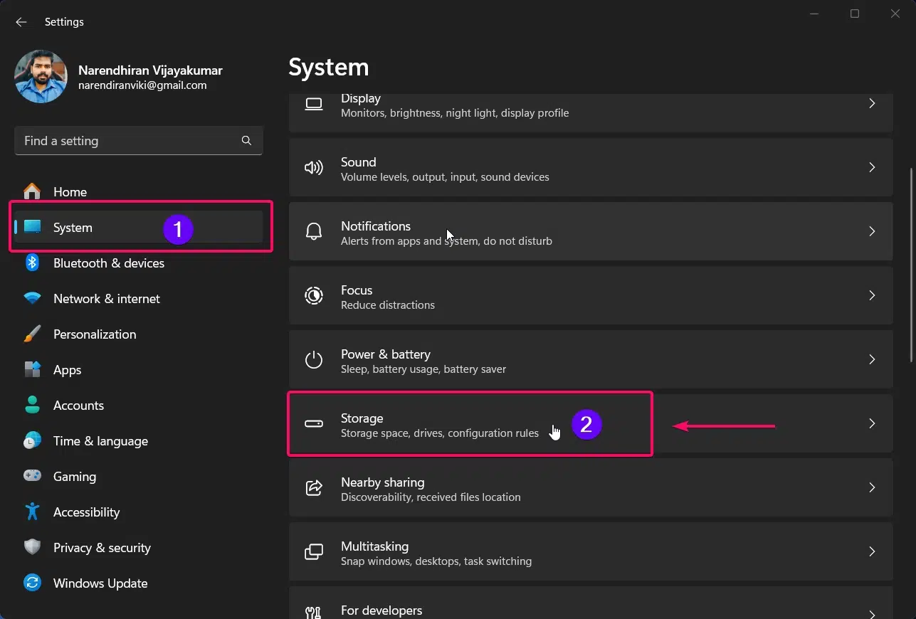 Choosing Storage option from Windows settings