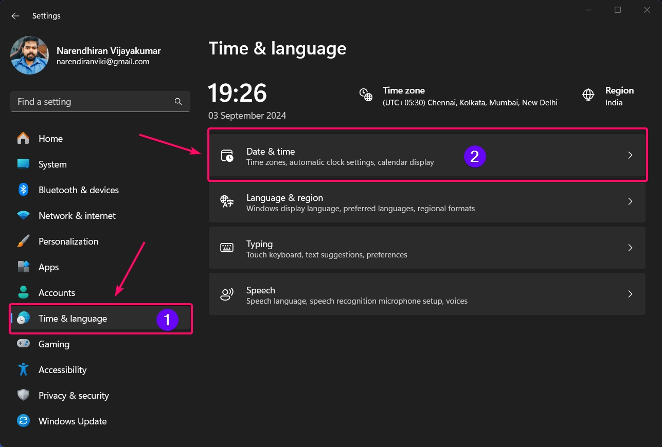 Date & time option in Windows Settings