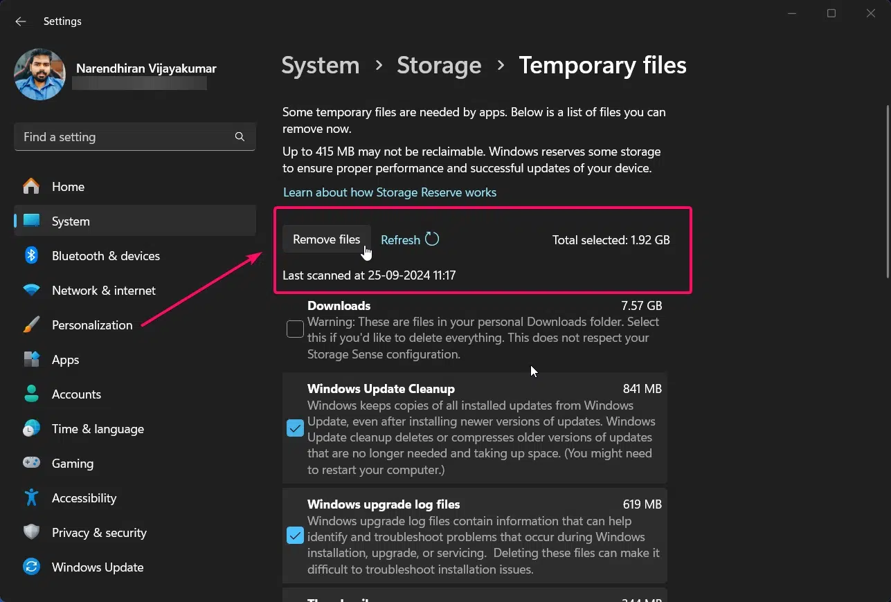 Emptying Recycle Bin using Windows Settings