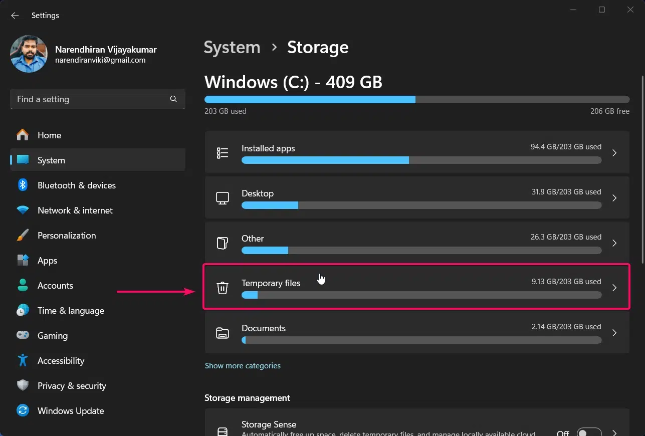 Choosing Temporary Files from Windows Settings